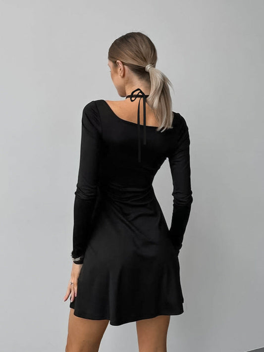 Autumn and winter black sexy slim fit knitted square neck design lace-up dress