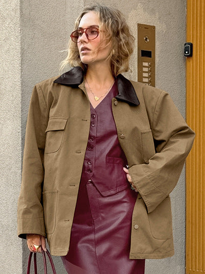 Autumn and winter new brown leather patchwork collar jacket