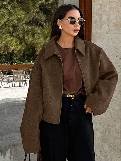 Autumn and winter new lapel long sleeved zipper woolen coat